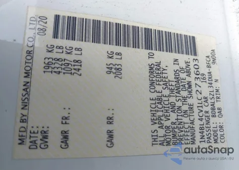 2020 Nissan Altima Sr Fwd из США, поврежденный, VIN 1N4BL4CV1LC273603